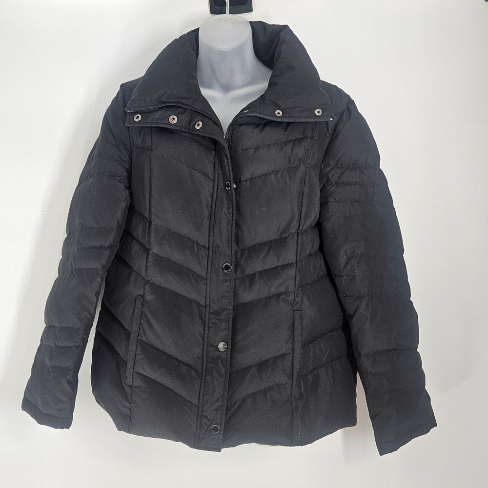 Kenneth Cole Reaction Womens Black Chevron Puffer Jacket Full Zip Collar Size‎ L